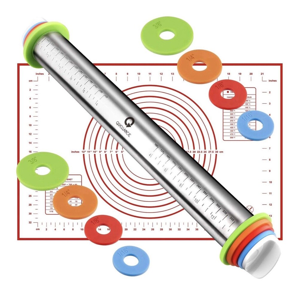 Rolling Pin & Pastry Baking Mat Set Rolling Pins W/ Adjustable Thickness Rings